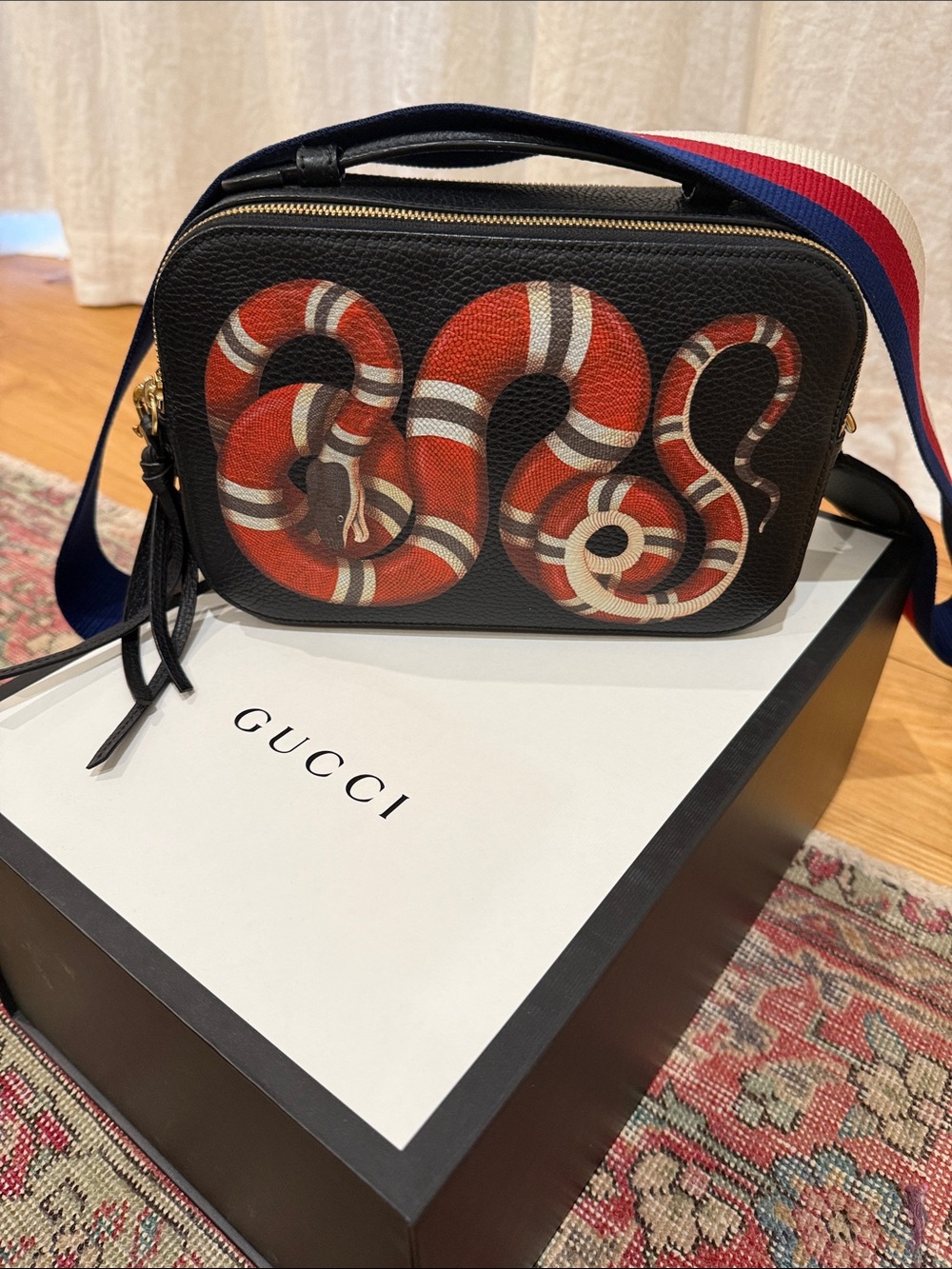 Gucci Black Leather Kingsnake Camera Bag Sylvia Web Strap